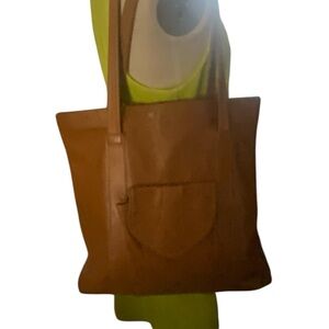 Vintage Neiman Marcus tan Leather Tote Bag 15" x 15" Vtg Bag Purse Pocket Book